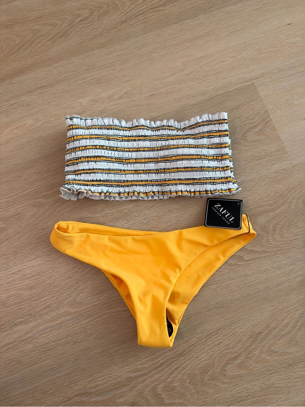 NEW Zaful Yellow Smocked Stripe Bandeau Bikini Set